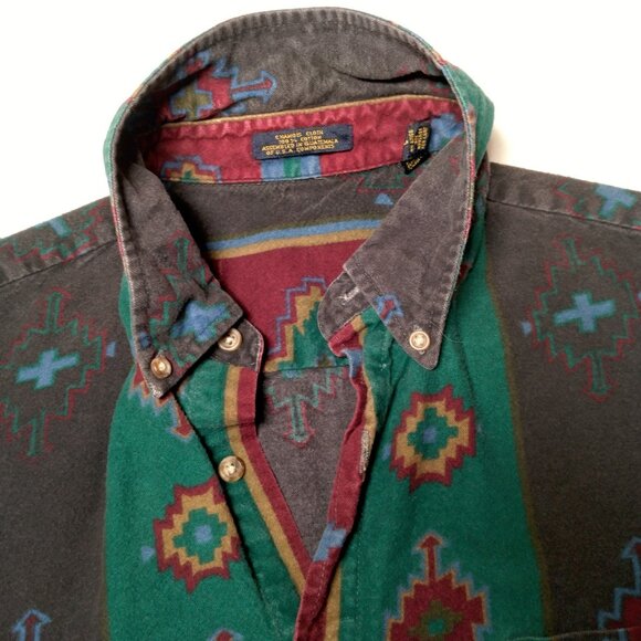 Vintage Chamois Shirt Men Large Southwest Geometric Maroon Green Western Flannel - Picture 14 of 16